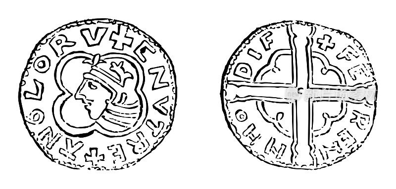 Medieval silver Penny of Cnut the Great or Canute - King of England (1016–1035) - Vintage engraved illustration